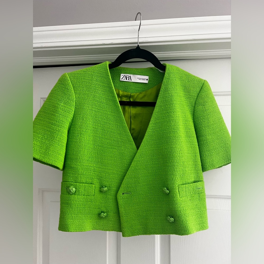 ZARA TEXTURED CROPPED BLAZER SIZE XS NEON GREEN ref3066/811 Dbl breasted